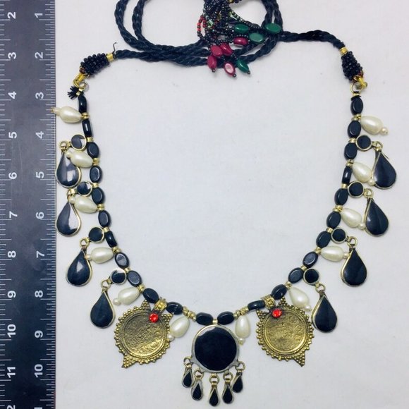 Choker Necklace With Stones Pearls and Coins, Ethnic Handmade Choker Necklace - Picture 7 of 8